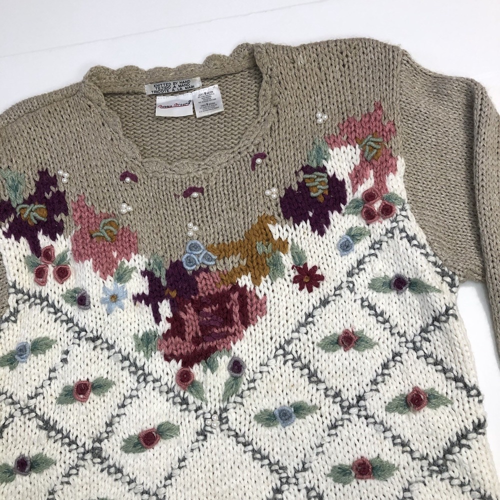 Bobbie Brooks Sweater Women's Medium Brown White Floral Embroidered Hand Knit